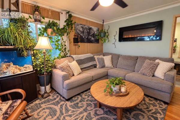 Living room with a grey sectional sofa, plants, aquarium, and an electric fireplace on a light blue wall. - 5122 45 Avenue, Spirit River