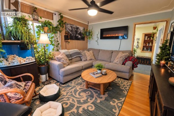 Living room with a sectional sofa, elephant artwork, plants, aquarium, and an electric fireplace. - 5122 45 Avenue, Spirit River