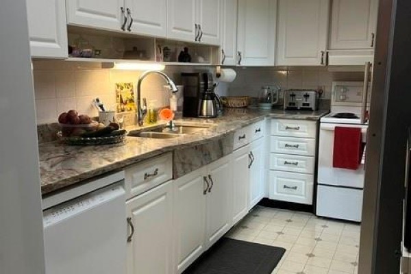 White kitchen cabinets with granite countertops, double sink, dishwasher, toaster, and coffee maker. - 5125 Riverside Drive East Unit# 902, Windsor