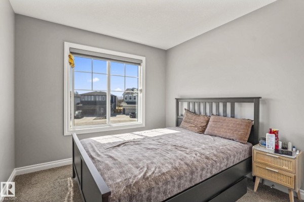 Living room with a grey sofa, black coffee table, large rug, television, and electric fireplace. - 5142 23a Av Sw, Edmonton