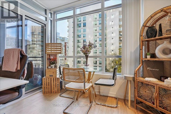 Glass dining table with wicker chairs, desk and shelf - 515 - 38 Dan Leckie Way Toronto
