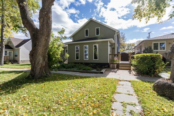 Side view of a green siding house with a large tree in the front yard. - 518 Harvard Avenue E, Winnipeg
