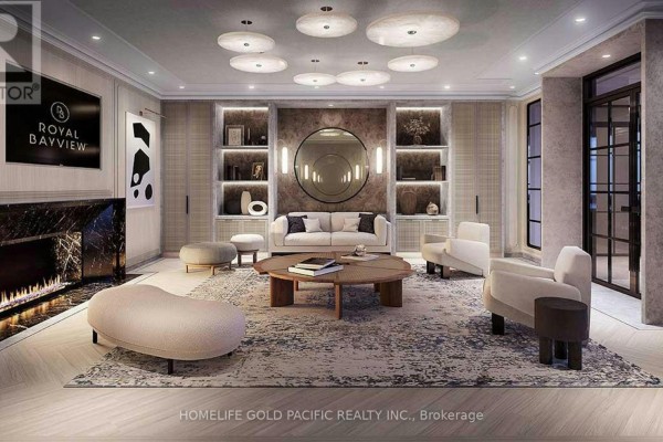 Elegant living room with fireplace, modern furniture, and ornate ceiling lights. - 519 - 399 Royal Orchard Boulevard, Markham