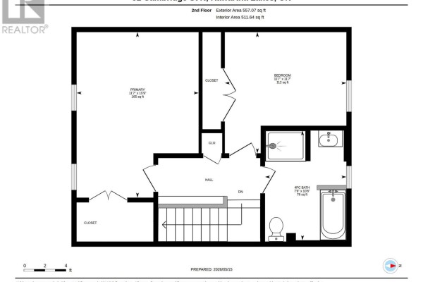 2nd floor plan with primary bedroom, bedroom, bath, closets, and stairs - 52 Cambridge Street N Kawartha Lakes