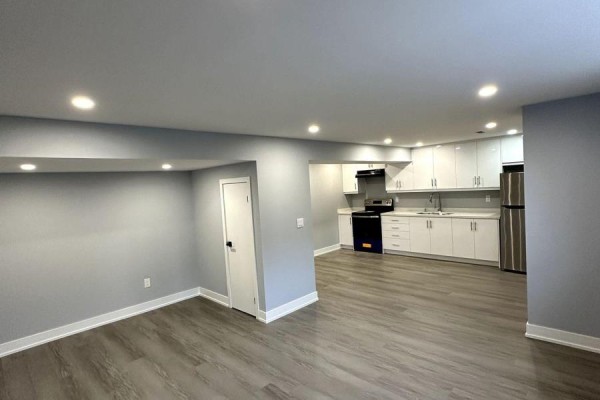 Spacious living area with grey walls and flooring, open to a white kitchen with stainless steel appliances. - 52 Herefordshire Crescent, Newmarket