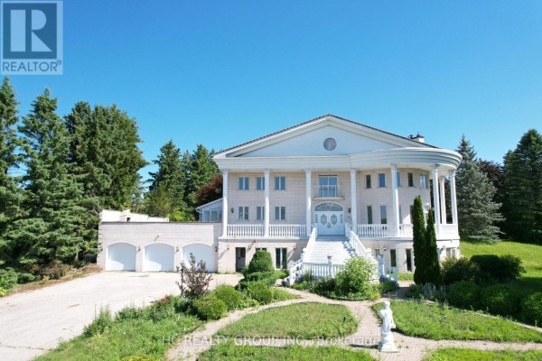 Aerial view of a large white mansion with a circular front portico, white columns, and a driveway. - 52 Nobleton Lakes Drive, King
