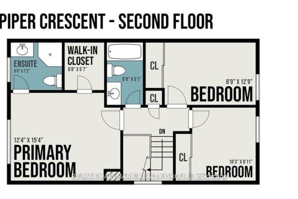 Second floor plan showing primary bedroom, two secondary bedrooms, an ensuite bathroom, and a walk-in closet. - 52 Piper Crescent, Ottawa