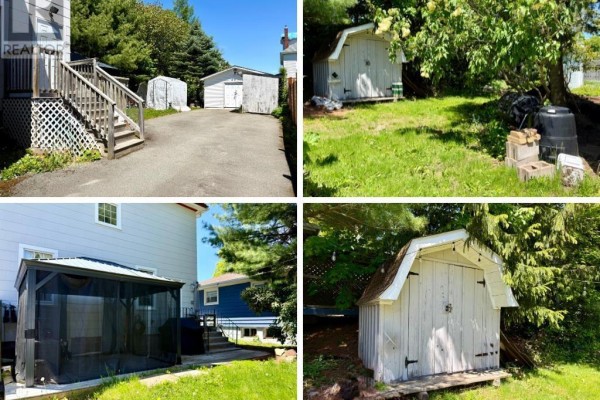 Collage of outbuildings including a detached garage, a screened gazebo, and two white sheds. - 52 Rupert Street, Amherst