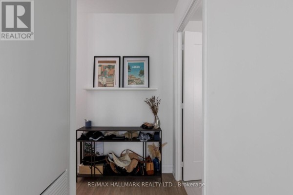 Interior hallway showing a shoe rack, framed art, and a vase of dried flowers. - 520 - 280 Howland Avenue, Toronto