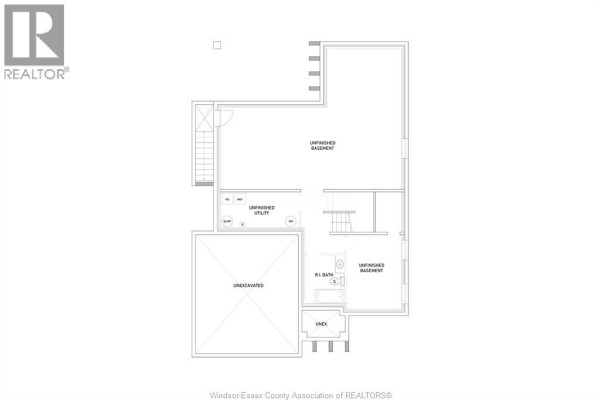 Floor plan of an unfinished basement with multiple rooms, a bathroom, and an unfinished utility space. - 5205 Aiden Avenue, Tecumseh
