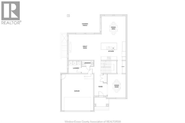 Floor plan of the main level, showing a garage, foyer, great room, kitchen, dining area, and powder room. - 5205 Aiden Avenue, Tecumseh