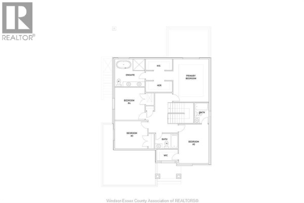 Floor plan of the second level, featuring a primary bedroom with an ensuite, three additional bedrooms, and a shared bathroom. - 5205 Aiden Avenue, Tecumseh