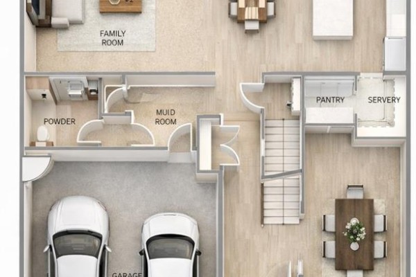 Main floor plan showing family room, powder room, mudroom, garage, pantry, servery, and dining area. - 5209 Aiden Avenue, Tecumseh