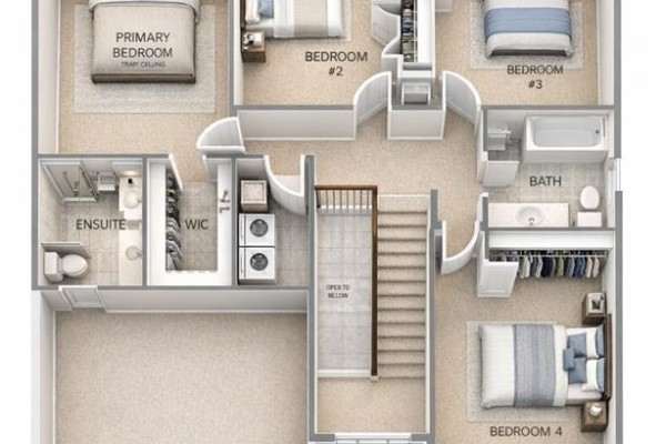 Second floor plan with primary bedroom, ensuite, WIC, three additional bedrooms, and a main bathroom. - 5209 Aiden Avenue, Tecumseh