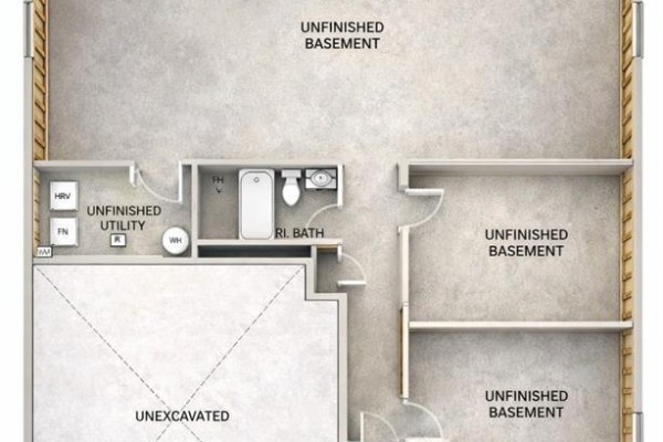 Unfinished basement floor plan with roughed-in bathroom, utility area, and two unfinished basement rooms. - 5209 Aiden Avenue, Tecumseh