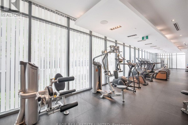 Another view of the apartment gym with cardio and weight machines by the window. - 524 - 38 Cameron Street, Toronto