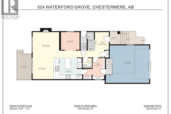 Main floor plan showing living area, kitchen, flex room, pantry, mudroom, and porch. - 524 Waterford Grove, Chestermere