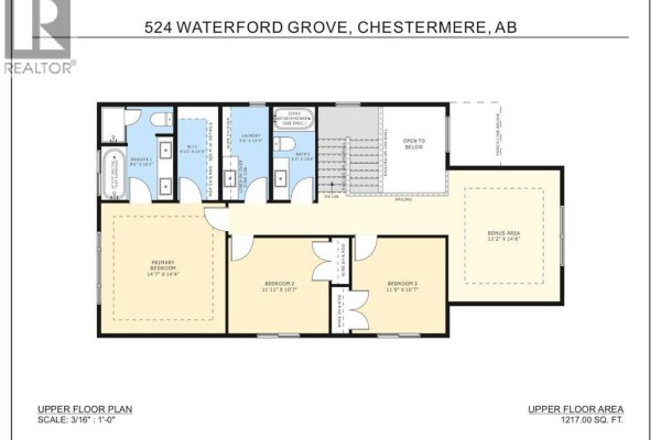 Upper floor plan showing primary bedroom, three additional bedrooms, laundry, and bonus area. - 524 Waterford Grove, Chestermere
