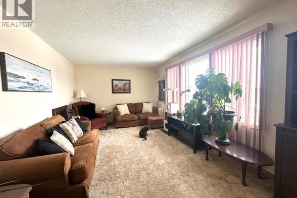 Carpeted stairs ascend from a concrete basement to an upper level. - 5240 50 Avenue, Holden