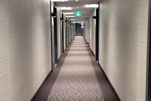 Long, carpeted interior hallway with lights and multiple apartment doors. - 526 - 543 Richmond Street W, Toronto