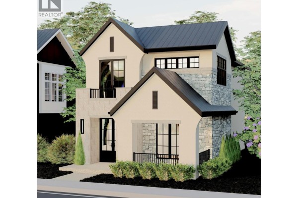 Rendering of a modern home with white stucco exterior, stone accents, black trim, and landscaping. - 5265 Brookmere Crescent Lot# 16, Kelowna