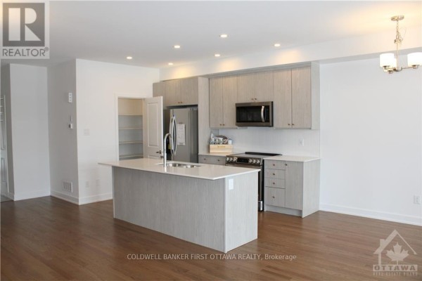 Open concept kitchen and living area with light wood floors and grey cabinets. - 527 Corretto Place, Ottawa