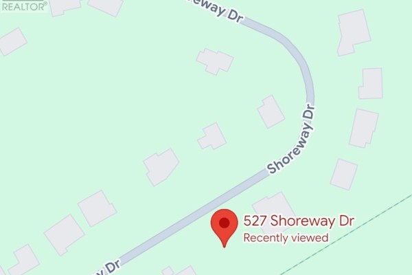 Map view showing 527 Shoreway Drive marked with a red pin on a curved street lined with houses. - 527 Shoreway Drive, Ottawa