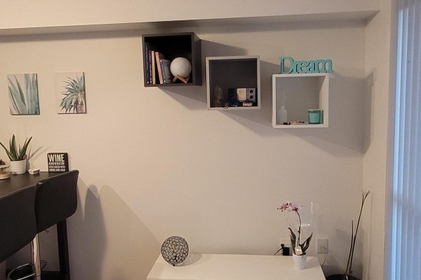 Wall decor including shelves with books and decorative items, plus a potted orchid. - 529 - 830 Lawrence Avenue W, Toronto