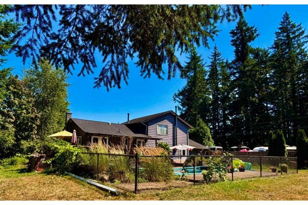 Backyard view of a blue house with a pool, patio furniture, and surrounding trees. - 5307 246a Street, Langley