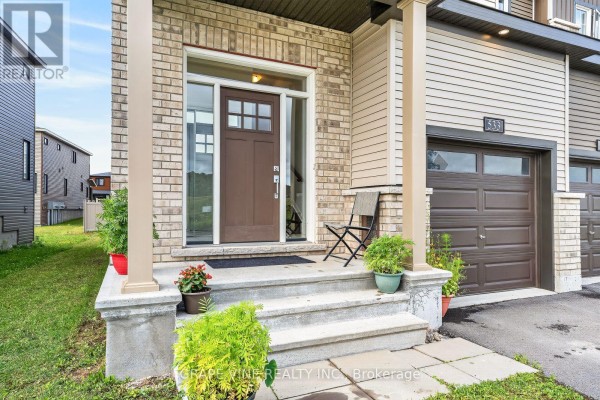 Close-up of a townhouse entrance with stone steps, a brown door, and potted plants. - 533 Winterset Road, Ottawa