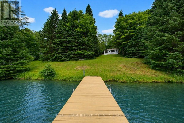 Wooden dock extending into calm, turquoise water surrounded by lush green trees. - 534 School House Lane, Greater Madawaska