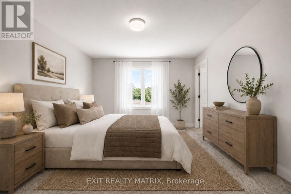 Bedroom with king-size bed, brown bedding, nightstands, dresser, mirror, and window. - 535 Regina Street, Russell