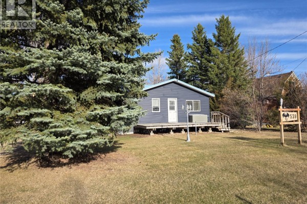 Exterior view of a dark blue vinyl sided house with a large evergreen tree in the foreground. - 539 Mistusinne Crescent, Mistusinne