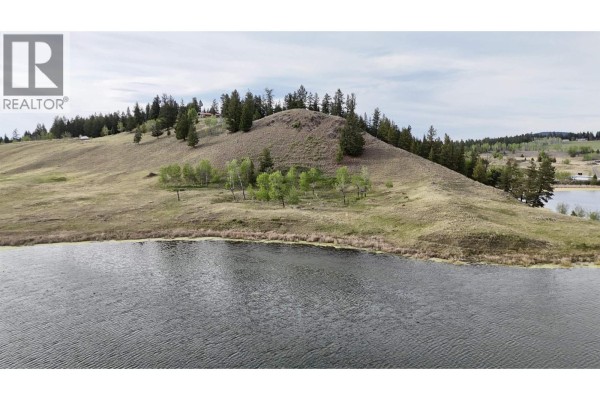 View of the lake from a hillside, featuring evergreen trees and open land. - 5391 Tatton Station Road, 100 Mile House