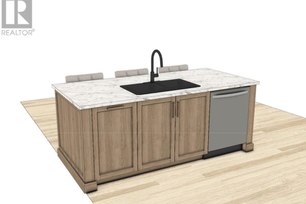 Close-up of a kitchen island with a marble countertop, double sink, black faucet, and dishwasher. - 53a Maggies Place, Portugal Cove St  Philips