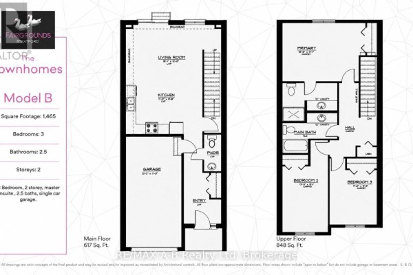 Floor plans for a 1,465 square foot, 3-bedroom, 2.5-bathroom townhouse, Model B. - 54 Fergusson Way, Stratford