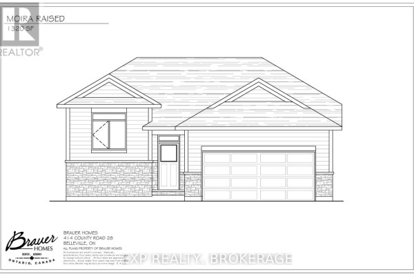 Architectural drawing of a single-story house with a garage, stone base, and peaked roof. - 54 Summit (lot 27) Crescent, Belleville