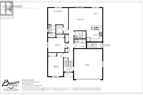 Floor plan showing three bedrooms, two bathrooms, a great room, kitchen, dining area, and garage. - 54 Summit (lot 27) Crescent, Belleville