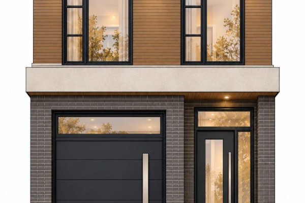 Exterior rendering of a modern house with dark grey brick, wood siding, and dark windows. - 54 Westbrook Avenue, Toronto