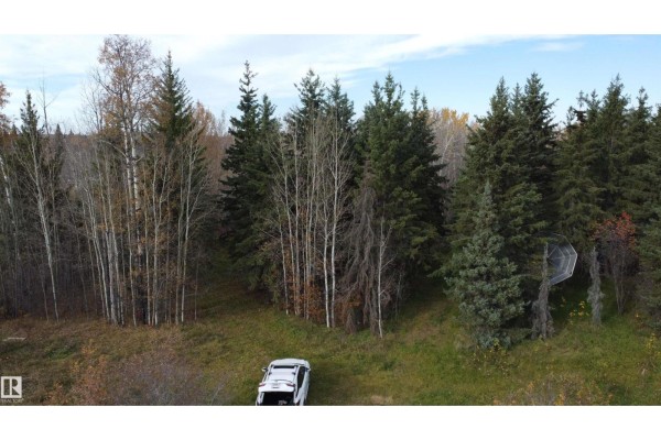 Drone shot looking down at a wooded area with a white SUV parked on a grassy clearing. - 54104 Rr35, Rural Lac Ste  Anne County