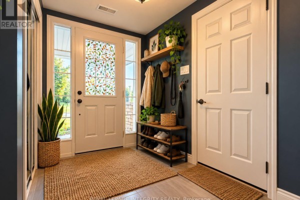 Interior entryway with a blue wall, white doors, and wooden shoe rack. - 543 Ensatina Crescent, Ottawa