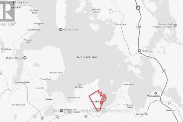Map showing Georgian Bay and surrounding towns including Port McNicoll highlighted in red. - 544 Plan, Tay