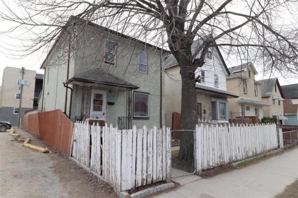 Front exterior of 549 Maryland Street, Winnipeg, featuring a pale green siding, white picket fence, and mature tree. - 549 Maryland Street, Winnipeg