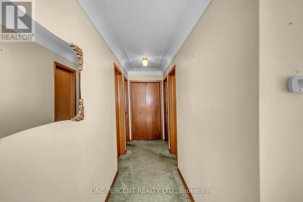 Hallway with mirrored wall, wooden doors, and green carpet - 55 Young Street Tillsonburg