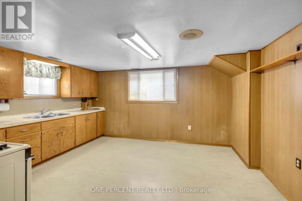 Basement kitchen with wood cabinets, double sink, and wood paneling - 55 Young Street Tillsonburg