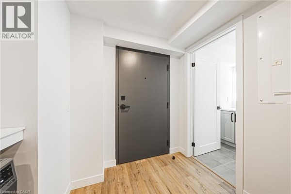 Interior hallway with a grey front door, light wood floors, and a view into a bathroom. - 555 Sanatorium Road Unit# 101, Hamilton