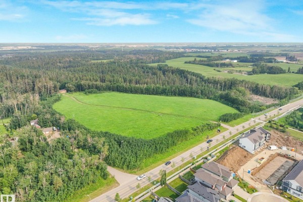 Aerial view of a treed landscape with a large green field, a road, and surrounding residential construction. - 556 Merlin Ld Nw, Edmonton