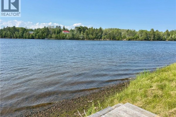Close-up view of the lake shore with grass and a wooden dock section. - 56 Allee Jos, Pont Lafrance
