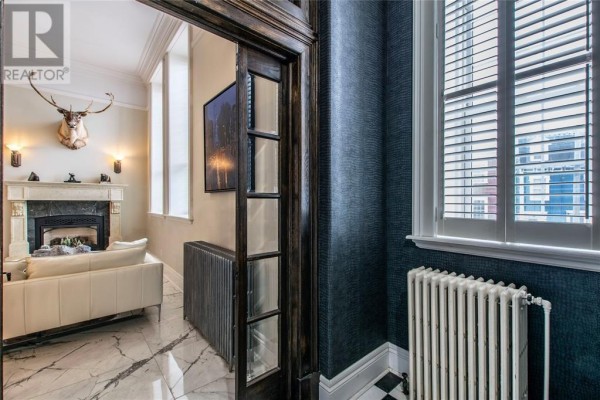 Living room with a fireplace, white sofa, and mounted deer head, viewed through an open doorway. - 56 Queens Road, St  John S