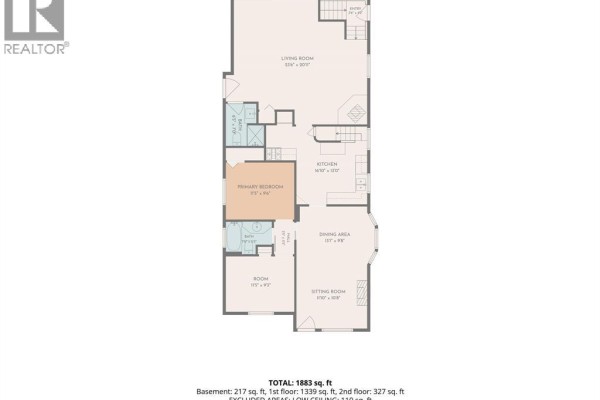Floor plan with primary bedroom, kitchen, living room, dining area, sitting room - 567 Edinborough Windsor
